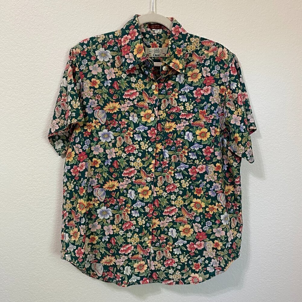 Vintage Orvis Floral Butterfly Garden Print Short Sleeve Button Front Blouse